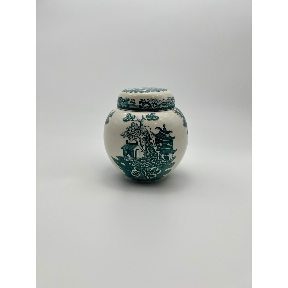 Masons Patent Ironstone Green Willow Ginger Jar Vintage England Transferware